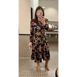 Tanya Taylor Thea Floral Jersey Midi Dress Navy Orange Size S Retail $495